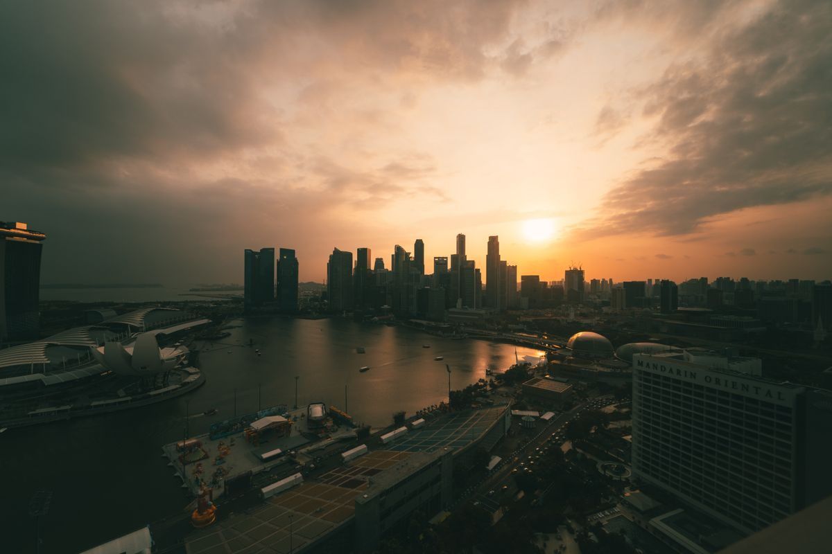 Singapore’s Marina Bay and central business district at golden hour.