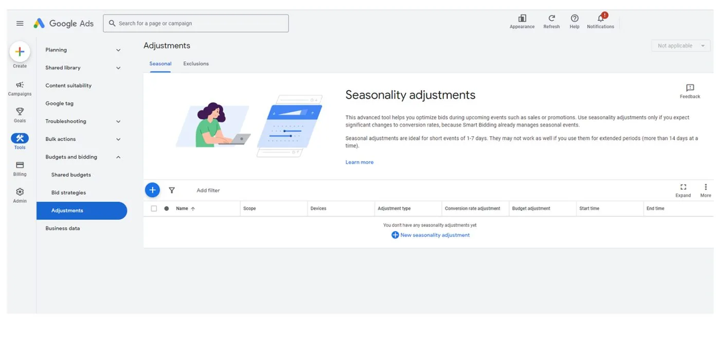 The Seasonal tab under Adjustments in Google Ads, where a seasonality adjustment is created for short events of one to seven days.