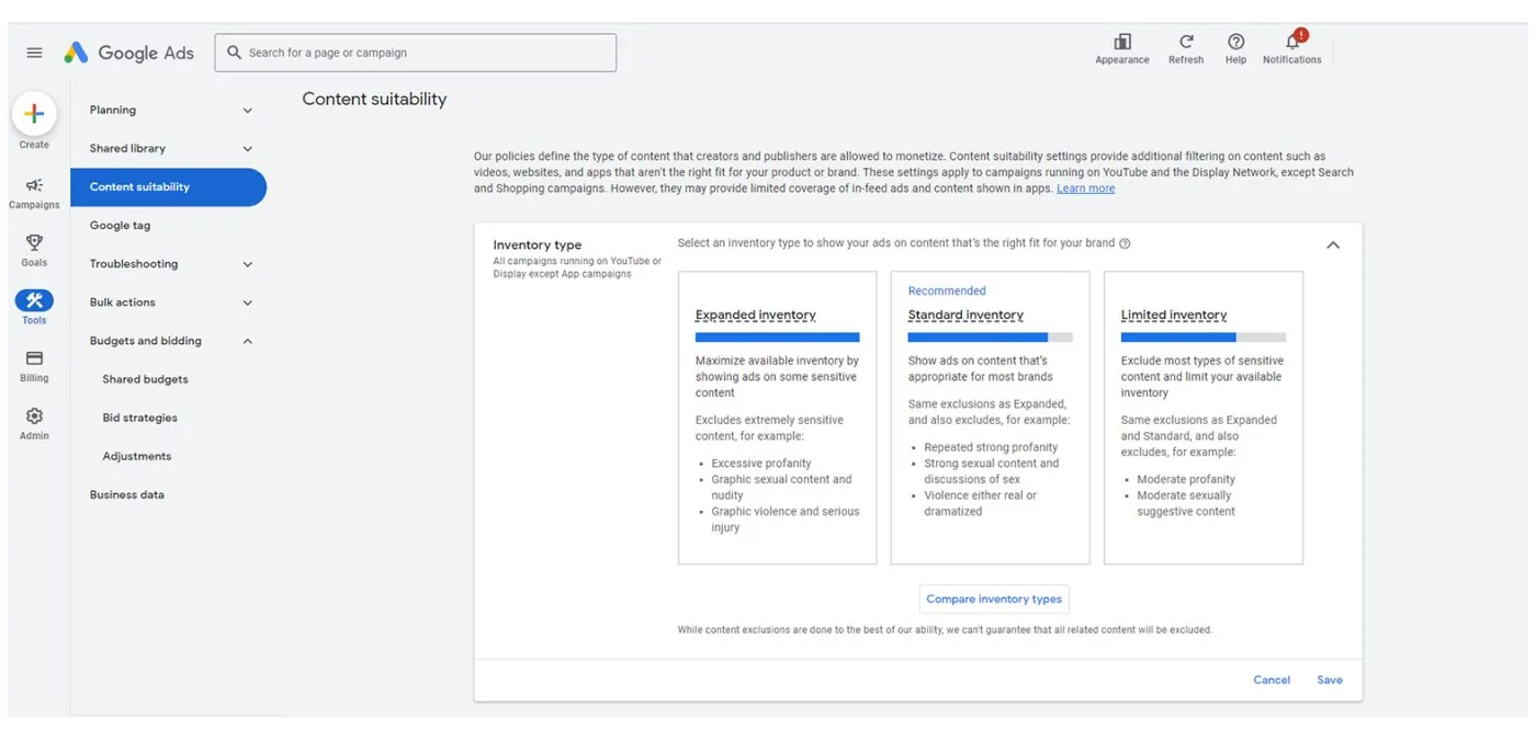 The Content suitability screen in Google Ads, offering Expanded, Standard and Limited inventory types with Standard recommended.