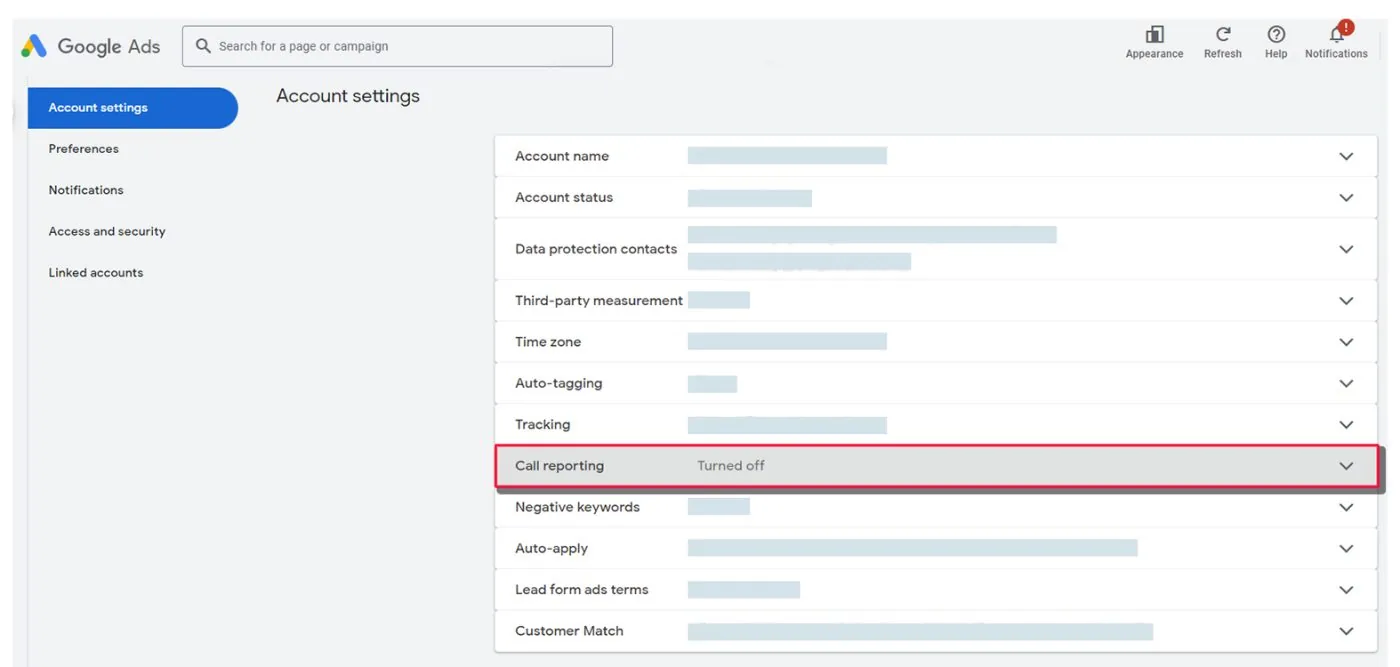 Google Ads account settings with the Call reporting row highlighted, showing it turned off.