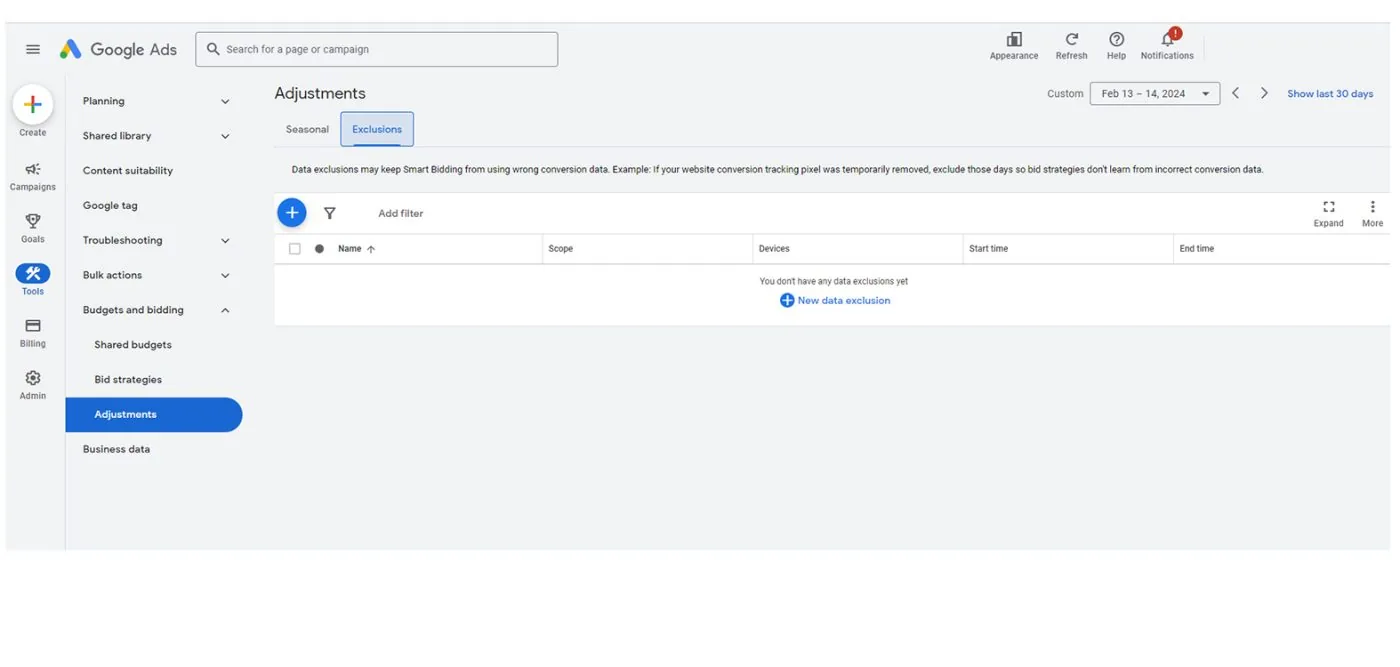 The Exclusions tab under Adjustments in Google Ads, with no data exclusions created yet.