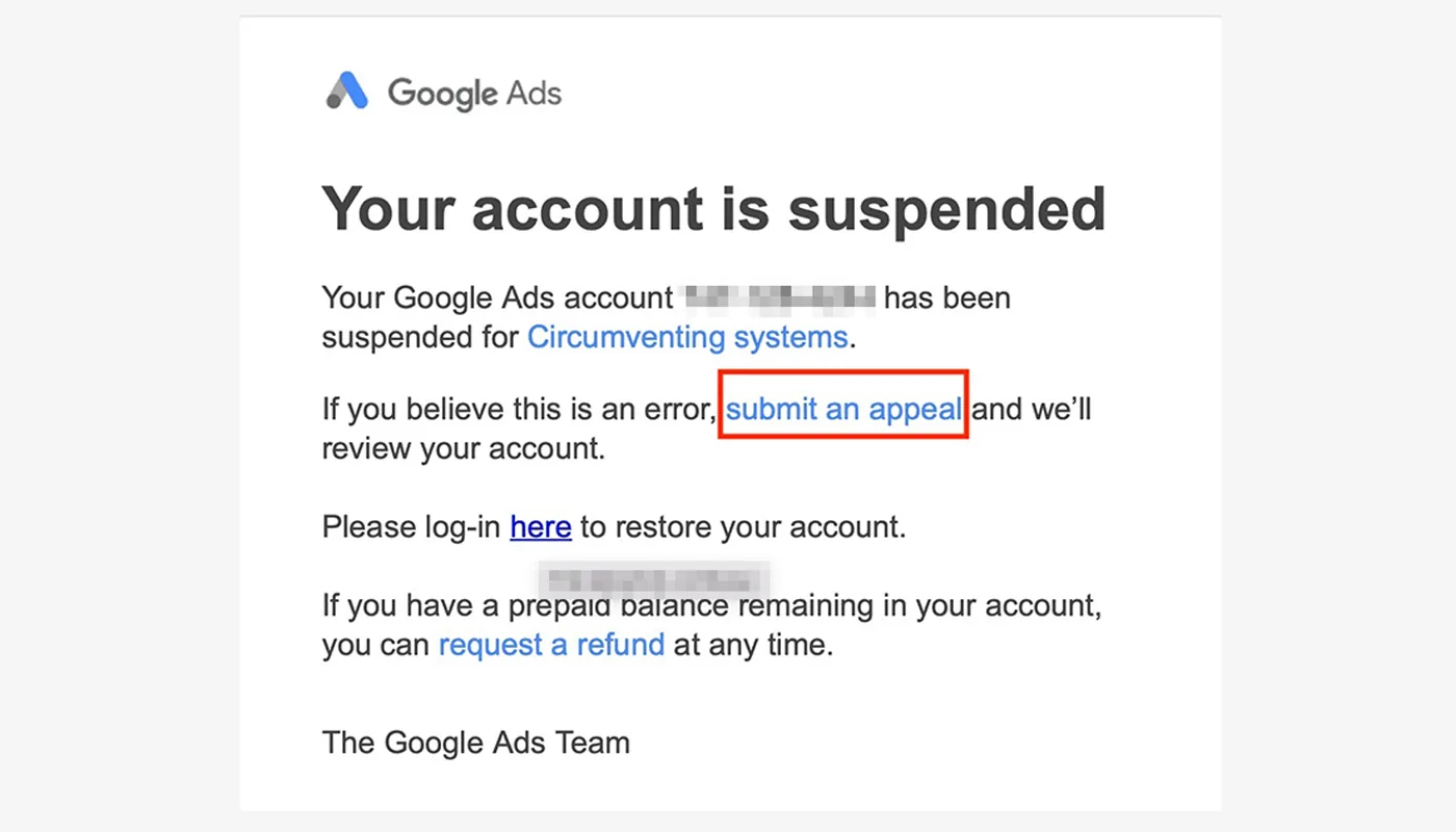 A Google Ads suspension email saying the account was suspended for Circumventing systems, with a link to submit an appeal and a link to request a refund of any prepaid balance.