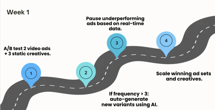 A week-one roadmap in four steps: A/B test two video and three static creatives, auto-generate new variants with AI once frequency passes 3, pause underperforming ads on real-time data, then scale the winning ad sets and creatives.